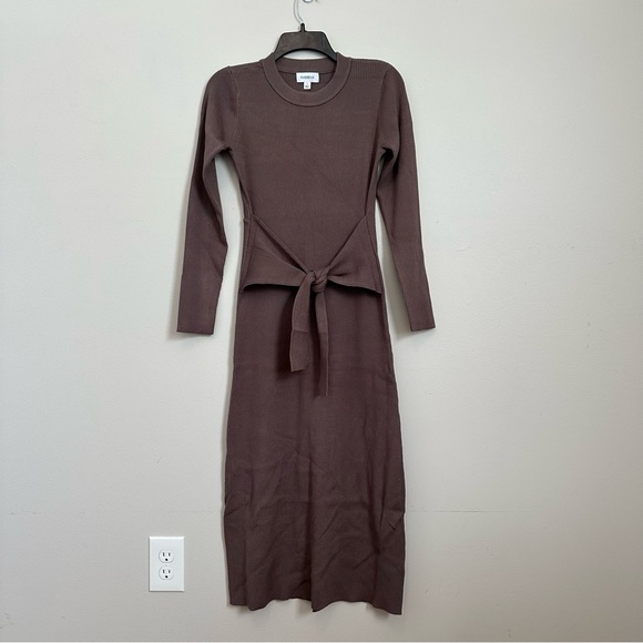 Evereve Ribbed Knit Tie Waist Midi Dress Brown Long Sleeve Size Small Minimalist - Picture 2 of 8